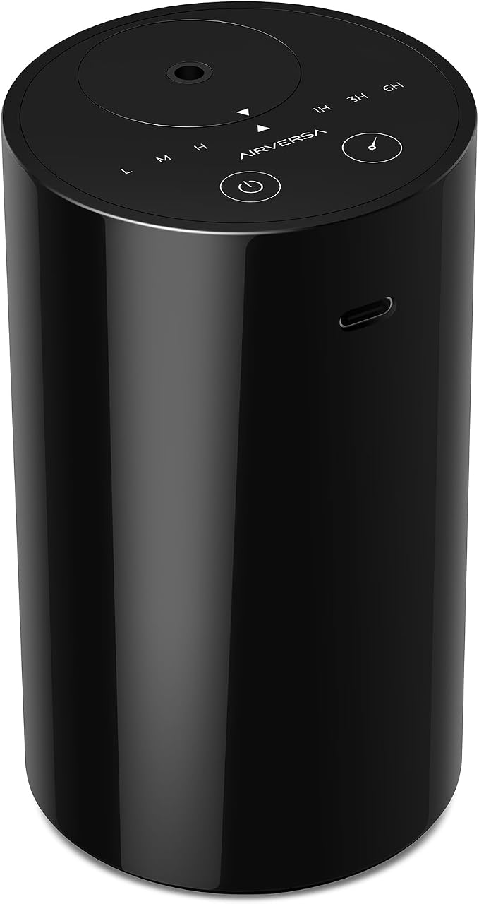 Airversa AN8 Waterless Diffuser for Essential Oil for Home, Room, Black | Up to 600 sq ft, Battery Operated, 20mL, Timers & Mist Levels, Car Diffuser, for Office, Bathroom, Cold Air, Portable