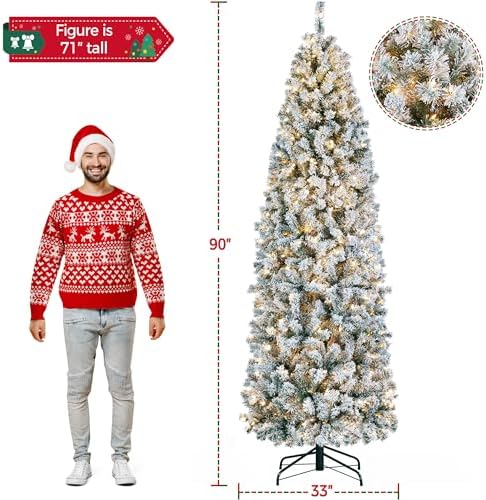 Yaheetech 7.5ft Pre-lit Snow Flocked Pencil Christmas Tree, Green & White
