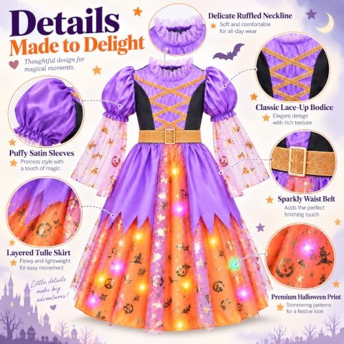 Witch Costume for Girls, Light up Halloween Witch Dress Ages 3-10