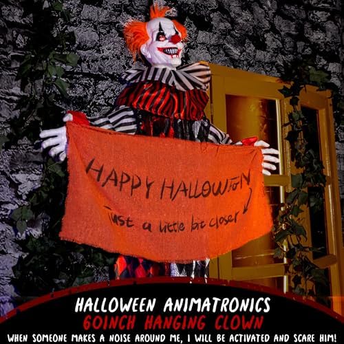 Halloween Animatronics 5ft Hanging Clown, 60inch Floating Animated Clown Decorations with Banner, Sound Activated, Creepy Voice, Light Up Eyes, Scary Move, Spooky Horror Prop for Indoor, Outdoor