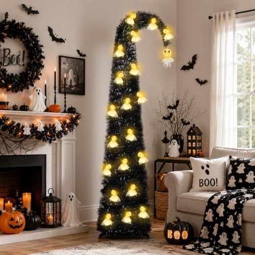 6FT Black Halloween Pop Up Christmas Tree with Ghost String Lights