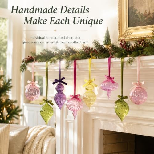 Hungdao 9 Pcs Vintage Colorful Glass Christmas Ornament with Bows, Bright