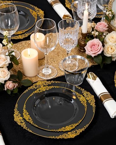 Nervure 175Pcs Black Plastic Plates, Disposable Party Plates for 25 Guests