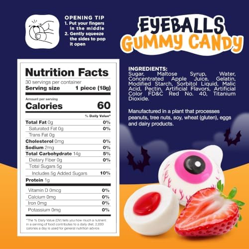 Eyeballs Gummy Candy, Halloween Candy, Strawberry Jelly Filled Gummies - 30 Count Jar