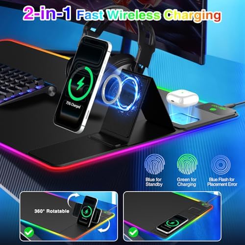 RGB Gaming Mouse Pad with Magnetic Wireless Charging & Foldable Phone Stand