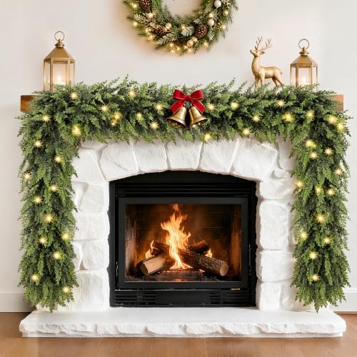 Christmas Garland with Lights Prelit Real Touch Cedar Garland Christmas Decorations 9.1ft Lush Realistic Faux Pine Garlands for Mantle, Table, Stairs, Doorframe, Fireplace Indoor Outdoor Decorations
