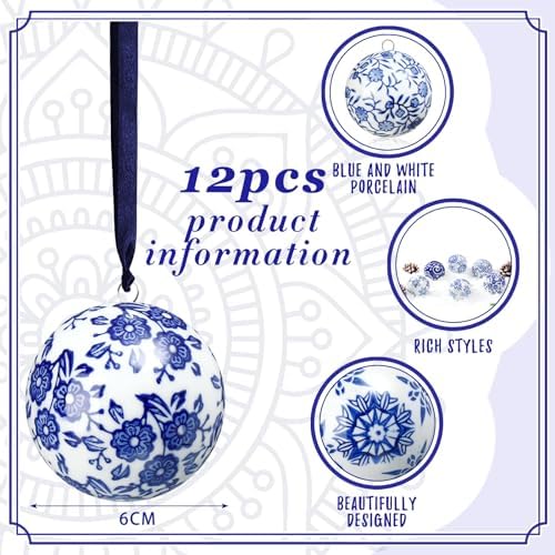 Cindeer 12 Pcs Blue and White Christmas Porcelain Balls, Elegant Style