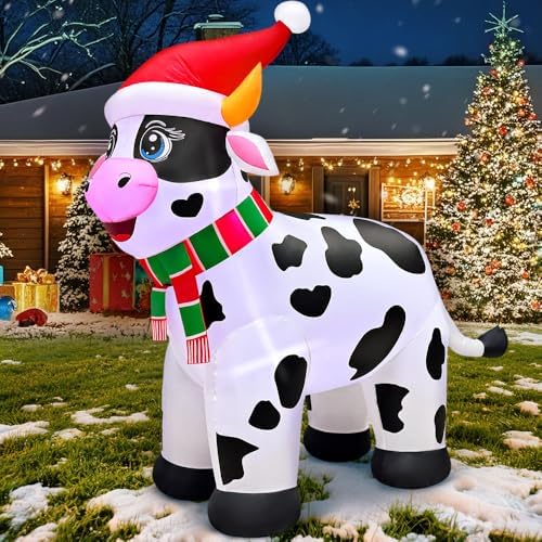 5.6FT Christmas Inflatables Outdoor Decorations Inflatable Cow Farm Animals, Built in LED Lights Blow up Yard Decorations for Xmas Holiday Party Indoor Garden Lawn Décor