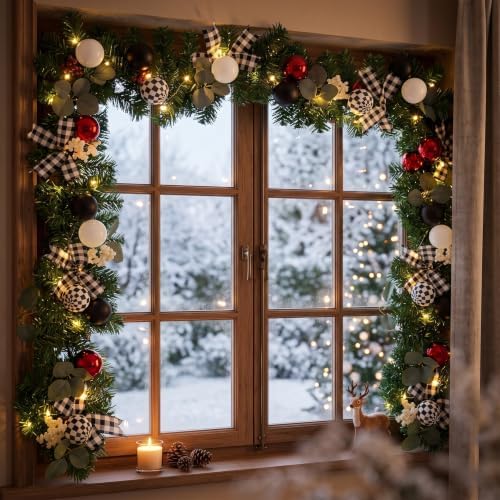 Riceshoot 6 ft Plaid Black White Christmas Garland with LED Bow Ball
