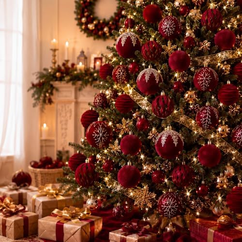 Duraaamo 30 Pcs Burgundy Red Velvet Christmas Ball Ornaments Set