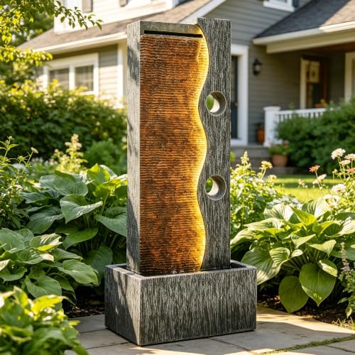 AUTODAYA 39" Zen Faux Slate Outdoor Fountain LED Cascading Waterfall
