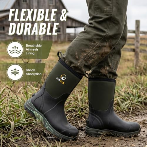 Kalkal Rubber Boots for Men, Waterproof Insulated Mid Calf Mens Rain Boots