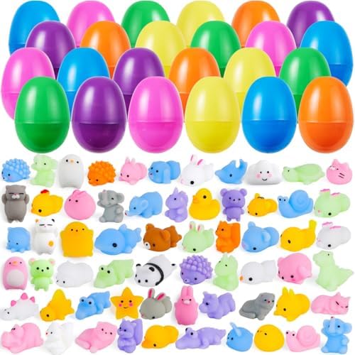 JOYIN 72 Pcs Easter Prefilled Eggs with Mochi Squishy Toys, Kawaii Stress Reliever Squishy Toy for Easter Egg Hunt, Kids Party Favor, Basket Stuffers, Goodie Bag Fillers, Classroom Prize Supplies