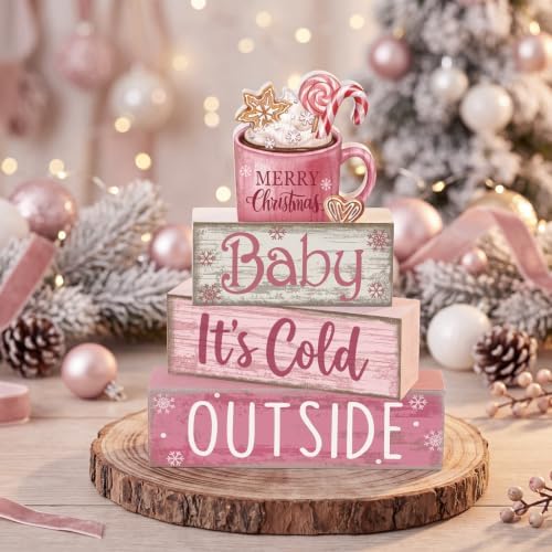 Moucuny 4 Pcs Pink Christmas Table Decor Wooden Hot Chocolate Cocoa Decor