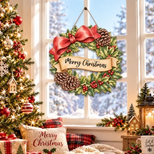 Christmas Decorations Red Bow Holly Pinecone Hanging Wooden Front Door Sign