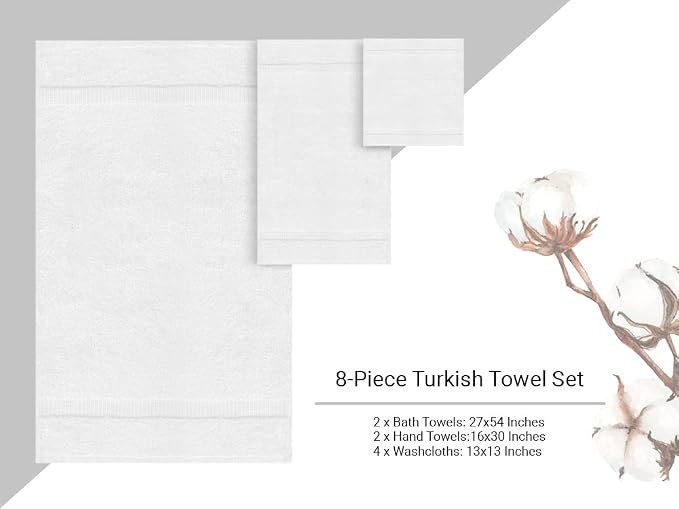 Towel Bazaar 8-Piece Towel Set, 100% Premium Cotton Turkish Towels,Luxury Towel Super Soft and Absorbent, Perfect Use for Bathroom, Shower Towels - White