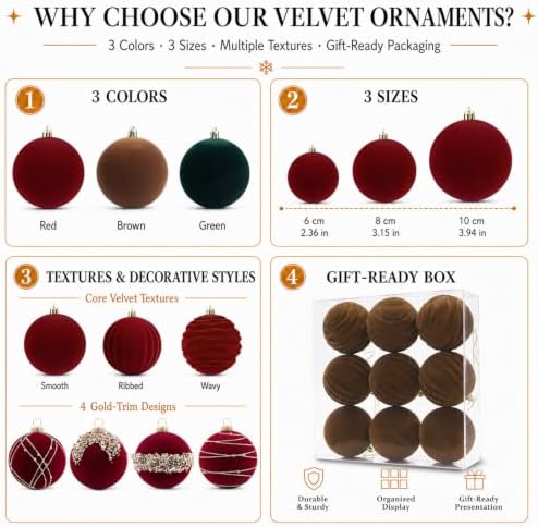 9Pcs Brown Velvet Christmas Ornaments 3.94In Balls for Christmas Tree Deco