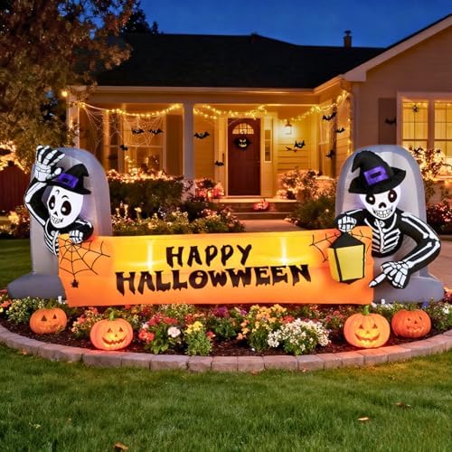 Outvita Halloween Inflatable Skeleton Tombstone Banner 9.6FT, Blow Up Outdoor Decoration with LEDs, Halloween Decor for Yard, Party, Garden, Party, Garden