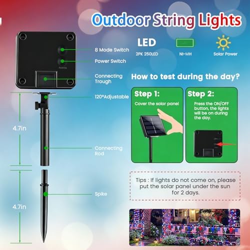 KAQ 2pack 500LED Solar String Lights Outdoor Waterproof Red White Blue