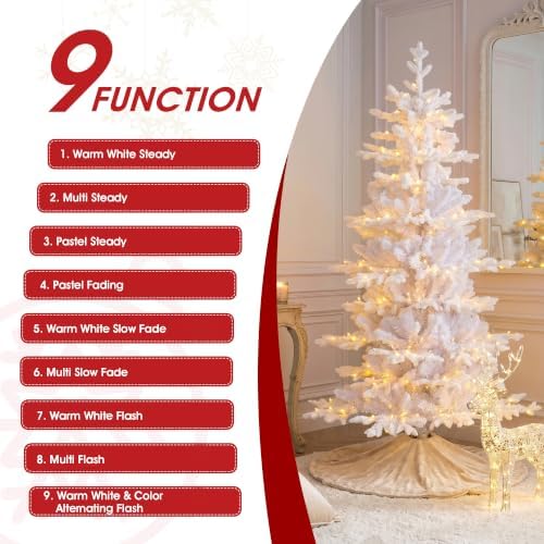 Glitzhome 6ft Prelit Artificial Christmas Tree, Slim White Frostfall Fir Xmas Tree with 260 Warm White & Multi-Color Lights, 1,056 PE&PVC Tips, Flocked Christmas Tree for Indoor Holiday Spaces