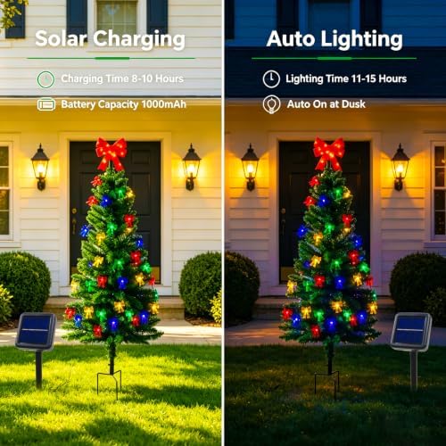 4FT Solar Christmas Tree with Bow Lights for Outdoor Christmas Decorations