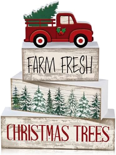 Lineshading 4 Pcs Christmas Table Decor, Red Truck Tree Wood Block Sign
