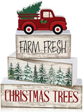 Lineshading 4 Pcs Christmas Table Decor, Red Truck Tree Wood Block Sign