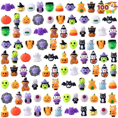 JOYIN 100 Pcs Halloween Mochi Squishy Toys for Kids Gift, Halloween Kawaii Sensory Stress Relief Toys for Halloween Party Favors Decor, Trick or Treats Classroom Prizes Goodie Bag Fillers