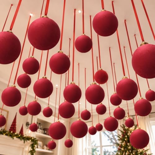 ZenNex 48 Pcs Velvet Christmas Balls Bulk, Flocked Xmas Tree Ornaments, Red
