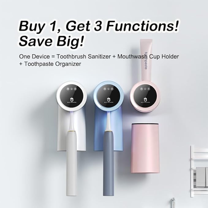 Toothbrush Cleaner & Toothbrush Holder,3-in-1 UV Toothbrush Sanitizer with Magnetic Cup Holder and Toothpaste Storage, Dual Mode Drying, 120s Quick Clean (White)