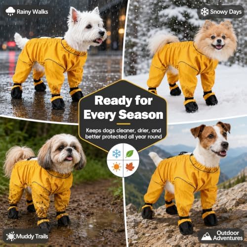 Waterproof Dog Boots Rain Boots with Suspender, Dogs Shoes Paw Protector for Small Medium Puppy, Anti-Slip Doggy Boot Belly Protector, Rain Booties Snow Pants Dog Suspender Booties Legging(L,Yellowd)