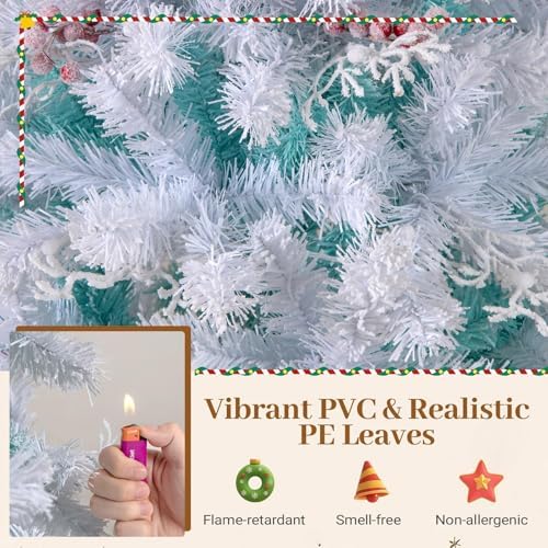 HAPPYGRILL 7FT Pre-lit Artificial Christmas Tree, Hinged Xmas Tree w/ 855 Snow Flocked Branch Tips, 350 Warm White LED Lights, White Twigs, Red Berries, Metal Stand