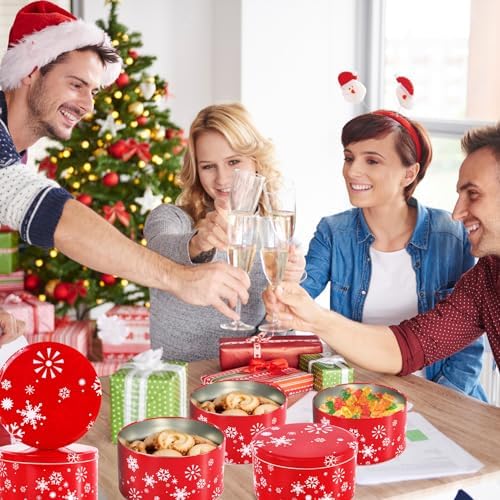 6Pieces Christmas Cookie Tins, 6.5Inch Round Cookie Containers, Empty Metal Cookie Tins with Lids for Christmas Holiday Gift Giving
