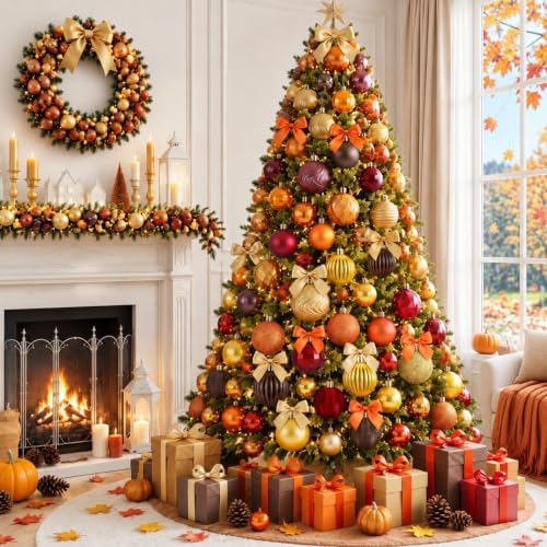 Lunmon 64 Pcs Fall Thanksgiving Tree Ornaments, Orange Brown Burgundy Gold