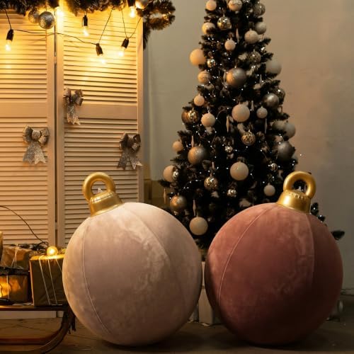 3 Pcs 32 Inch Giant Velvet Christmas Inflatable Balls, Brown, Khaki, Beige