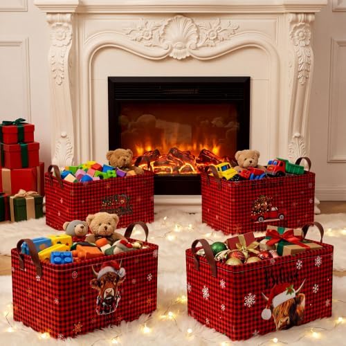 CHENGU 6 Pack Christmas Storage Basket Collapsible Christmas Basket for Gifts Highland Cow Holiday Decor Large Red Truck Bin Foldable Xmas Tree Box with Handle for Bedroom Office Home