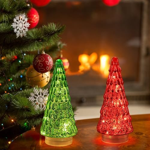 PHITRIC Christmas Decorations Indoor, 2 PCS Sparkling Glass Christmas Tree Table Centerpieces Decor with LED Lights and Timer, Xmas Tree Decorations for Home, Mantel, Shelf, Tabletop (Red & Green)