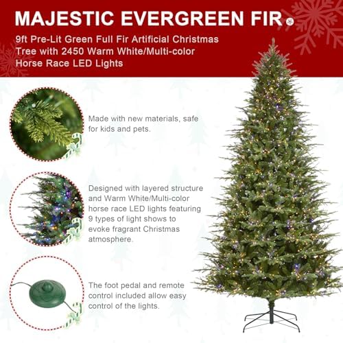 Glitzhome 9ft Prelit Artificial Christmas Tree, Green Full Christmas Tree Majestic Evergreen Fir with 2450 Warm White/Multi-Color Chasing and Twinkling Lights, 9 Function w/Foot Pedal&Remote Control