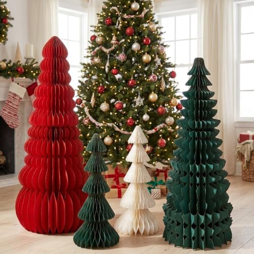 4 Pcs 3D Large Honeycomb Christmas Tree with 3 Styles Red Green White