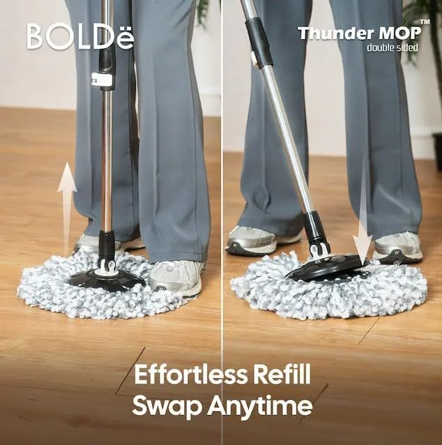 Thunder Mop Spin System - Double-Sided - 3 Free Refills (Yellow/Blue) | 2 Compact Stackable 6L Buckets, Microfiber Head, Stainless Steel Wringer, Antifungal Quick-Dry Cleaning, Soap Dispenser