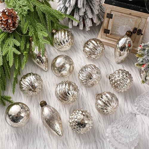 Syhood 18 Pcs Silver Christmas Mercury Glass Balls Ornaments, 6 Styles