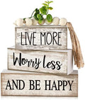 Moucuny 4 Pcs Inspirational Farmhouse Table Decor Rustic Stacked Wooden Block Sign - Live More Worry Less Be Happy Centerpieces Set with Beaded Tassel and Artificial Plant for Home, Office, Shelf Gift