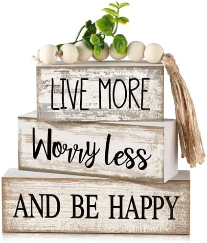 Moucuny 4 Pcs Inspirational Farmhouse Table Decor Rustic Stacked Wooden Block Sign - Live More Worry Less Be Happy Centerpieces Set with Beaded Tassel and Artificial Plant for Home, Office, Shelf Gift