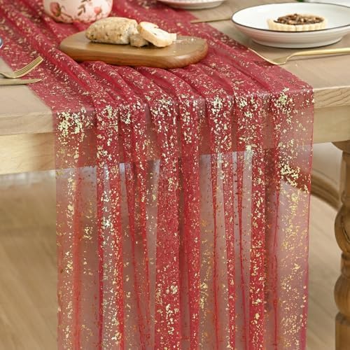 Artoid Mode Red Gold Gauze Table Runner 59x120 Inch 10FT, Glitter Metallic Foil Sheer Dining Wedding Anniversary Holiday Table Decor for Home Party