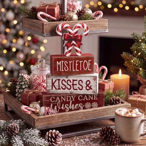Lineshading 4 Pcs Christmas Table Decorations Wooden Candy Cane Decor Christmas Centerpiece Rustic Winter Tiered Tray Decor Red and White Candy Cane Block Signs Gift Xmas Decoration for Home Decors