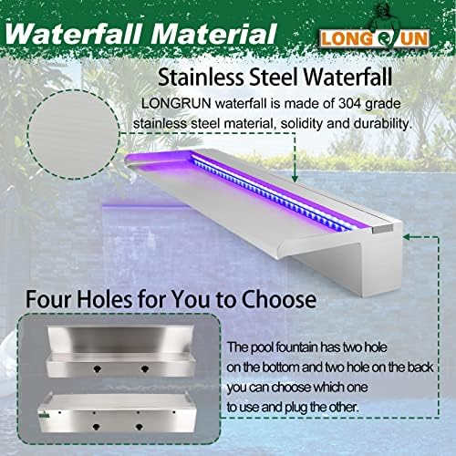 LONGRUN Stainless Steel Waterfall Spillway, APP Control Multi-Color LED Light Outdoor Pool Fountain, Water Spillway Koi Pond Waterfalls Fountains Kit for Garden Patio Swimming Pool Decoration-35.4"