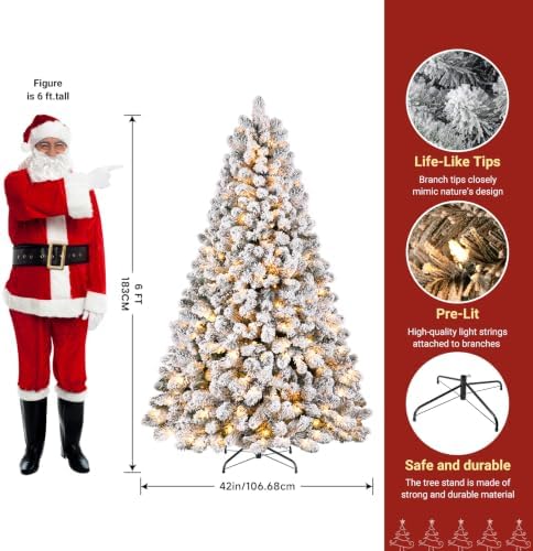 SHareconn 6ft Snow Flocked Spruce Pre-lit Artificial Christmas Tree, White