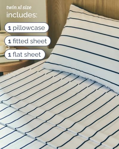 Twin XL 3 Piece Striped Sheet Set - Breathable & Cooling - Navy Stripe