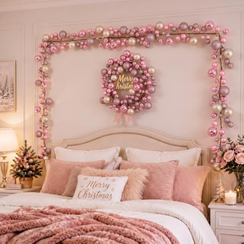 2 Pcs 6 ft Christmas Ball Ornament Garland, Pink, Champagne Gold