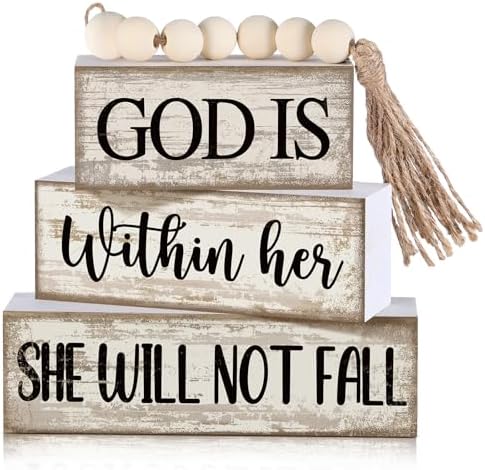 Lineshading 4 Pcs Wooden Blocks God Is Within Her Farmhouse Decor